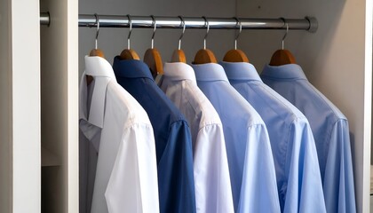 Colorful button-down shirts hang neatly in a well-organized wooden closet
