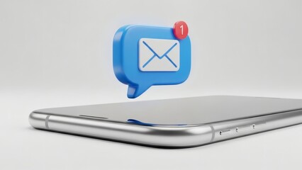 New Email Alert Blue Speech Bubble Icon Above Smartphone on White.