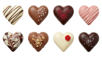 Heart shaped chocolate truffle set including white, milk, dark, and ruby varieties with toppings isolated. Gourmet valentine and dessert collection.