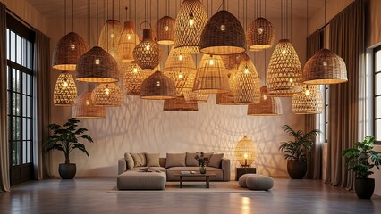 Modern living room with wicker lamps.