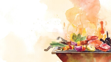 Summer barbecue watercolor illustration evokes warmth family food and convivial outdoor moments