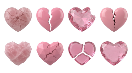 Broken heart set including cracked, shattered, faceted, and crystalline rose quartz styles isolated. Emotional and romantic concept icons.