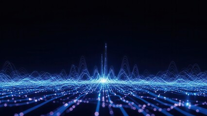 Abstract visualization of sound waves or big data flow with glowing blue light particles moving across digital cyber surface representing technology and science concept