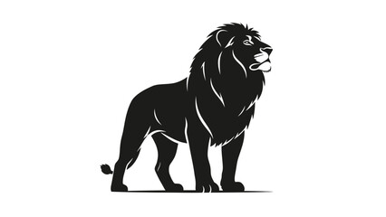 A majestic black lion standing proudly white facing right with fierce expression and detailed mane with wildlife Silhouette vector on whit Background © Antu