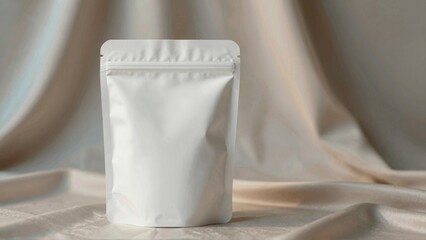 White resealable pouch on draped fabric background