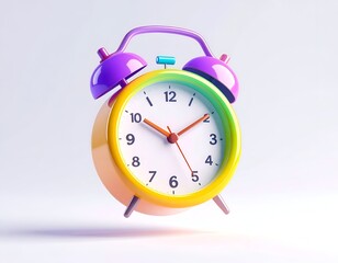 3D-rendered, colorful alarm clock with hands pointing at ten past two
