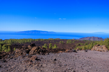 Panorama of islands La Gomera, La Palma and Atlantic Ocean seen from Teide national park on Canary Island Tenerife, Spain