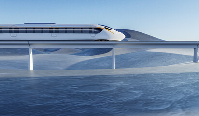 3D rendering of a high-speed train speeding across the frozen land