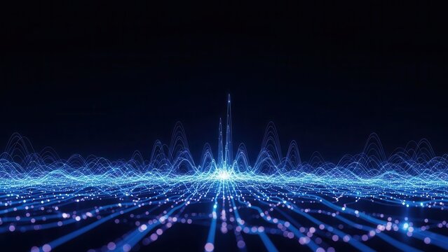 Abstract visualization of sound waves or big data flow with glowing blue light particles moving across digital cyber surface representing technology and science concept - Powered by Adobe