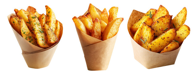 Batata Harra spicy potato wedges seasoned with herbs, garlic, chili served in brown paper cone, isolated on white background