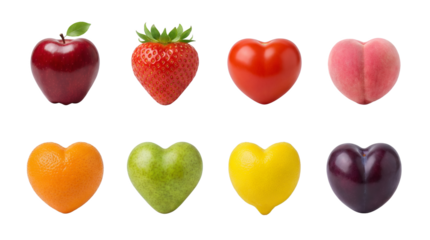 Heart shaped fruit set including apple, strawberry, tomato, peach, orange, pear, lemon, and plum isolated. Healthy diet and romantic food collection.