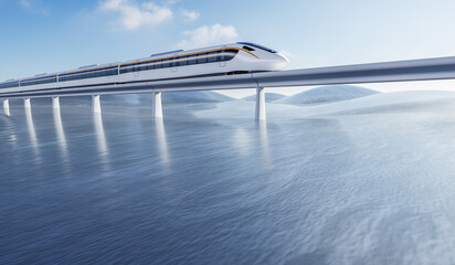 3D rendering of a high-speed train speeding across the frozen land
