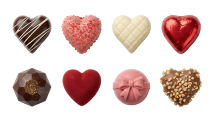 Heart chocolate set including dark, milk, white, ruby, and nut truffles isolated. Gourmet confectionery for Valentines day or anniversary celebration.