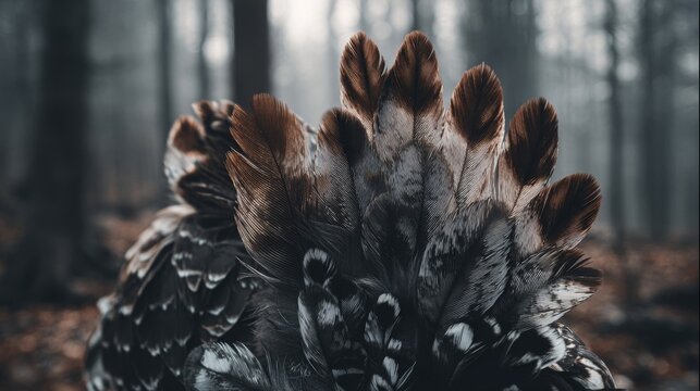 Magnificent eagle feathers with intricate barbules displayed in a close-up forest setting