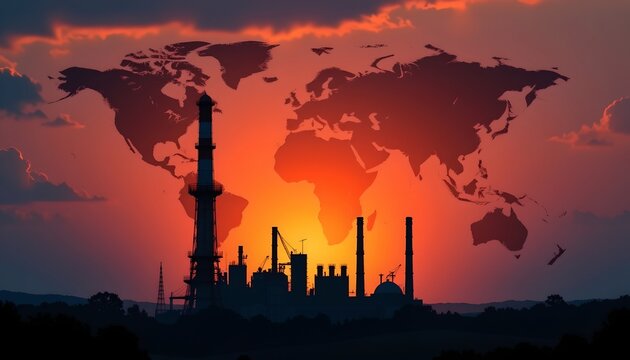 Industrial Skyline Silhouetted Against World Map and Orange Sky