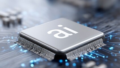 Close-up view of ai chip with circuit patterns and blue lights showing artificial intelligence technology