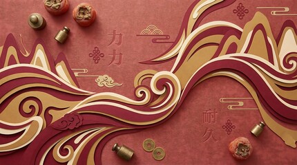 Flat lay of traditional chinese new year elements including persimmons antique coins and golden bells arranged on a textured red background with paper cut mountains