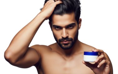 Confident Man Styling Hair with Product, Promoting Men's Grooming