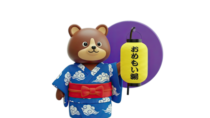Cute Bear Character in Yukata Holding a Japanese Lantern
