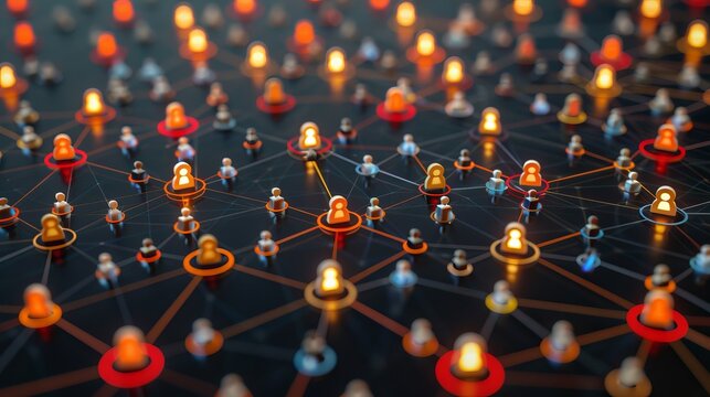 Visualizing a global network of interconnected individuals with glowing icons on a dark background - Powered by Adobe