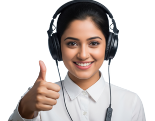 Indian woman wearing headphones smiles, giving thumbs-up.