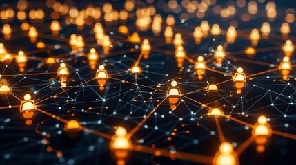 Illustrating a global web of interconnected individuals with luminous icons on a dark backdrop