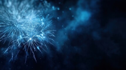 New Year's Eve banner for the holiday, bright fireworks and sparklers, twinkling lights and festive decorations on a deep blue background create a joyful celebratory atmosphere.