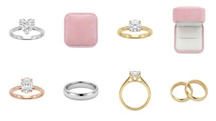 Diamond engagement and wedding ring set including heart, round, oval, and emerald cuts in gold and platinum isolated. Luxury jewelry collection for marriage and proposals.