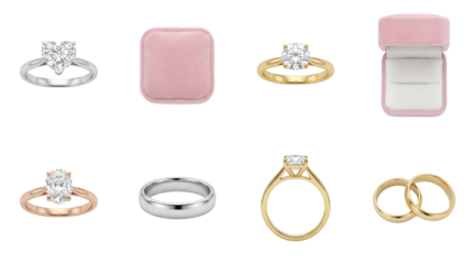 Diamond engagement and wedding ring set including heart, round, oval, and emerald cuts in gold and platinum isolated. Luxury jewelry collection for marriage and proposals.