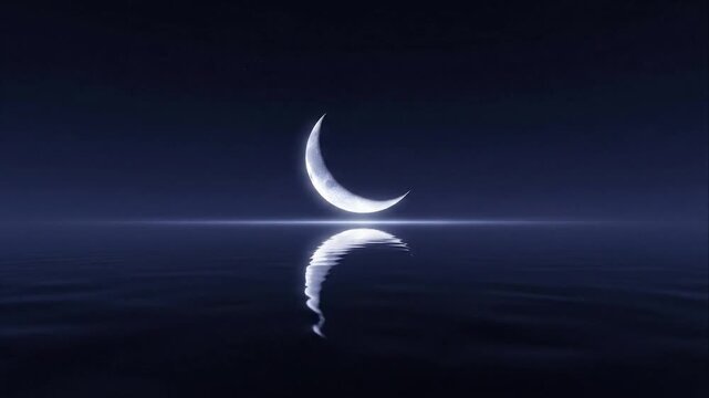 Crescent moon reflecting on smooth surface against dark background