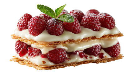 Raspberry mille-feuille with layered pastry, cream, and mint topping