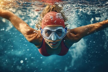 Sporty woman swims underwater with fins in clear blue water during a sunny day at a tropical pool, showcasing grace and athleticism in her movements
