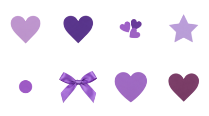 Purple paper craft set including hearts, star, circle, and satin ribbon bow isolated. Decorative elements for scrapbooking and valentines day designs.