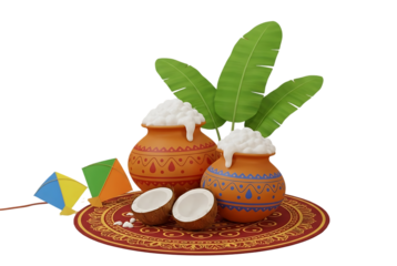 Happy pongal festival pots with kites and banana leaves for lohri pongal makar sankranti holiday celebration isolated on transparent background