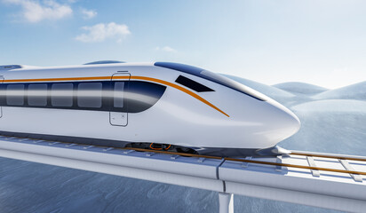 3D rendering of a high-speed train speeding across the frozen land