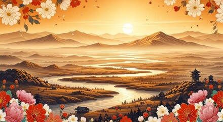 Serene Mountain Landscape with Winding River and Blooming Flowers at Sunrise