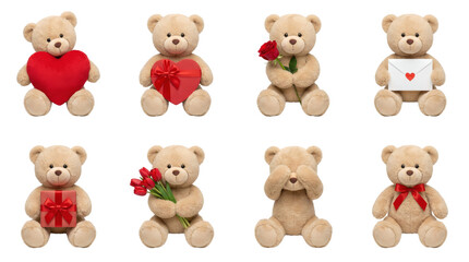 Fototapeta premium Teddy bear set including plush toys with heart, rose, gift box, tulips, envelope, and bow isolated. Valentines day and romantic gift collection.