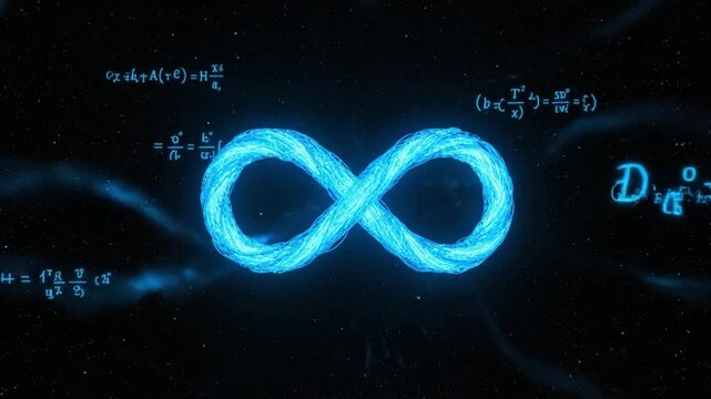 A video showcasing a glowing infinity symbol surrounded by complex mathematical equations in a dark background
