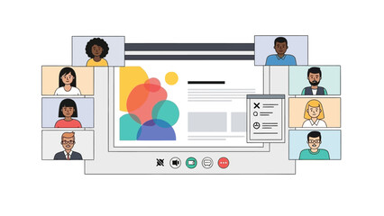 Diverse professionals collaborating in a virtual online video conference, connecting remotely to discuss business strategies and share ideas on a digital platform