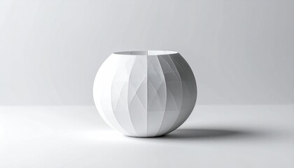 Minimalist White Faceted Vase on White Background, Modern Design.