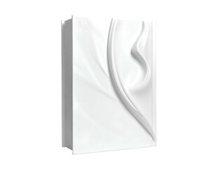 A clean white box with a flowing, abstract design of fabric or liquid
