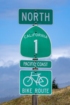 signage bicycle lande at cabrillo highway, the california state route 1 or CA1