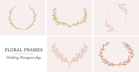 Hand Drawn Floral Wedding Monogram Frames, Elegant Botanical Logo Set, Minimal Wedding Crest Design