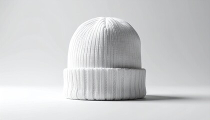 Minimalist White Knitted Beanie Hat on White Background.