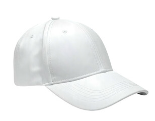 White baseball cap angled slightly, three-dimensional, on black background