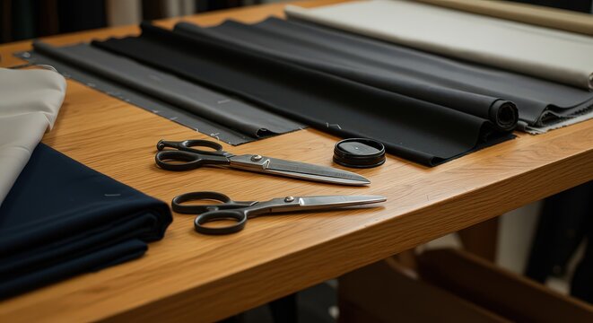 Tailor's workshop with various fabric rolls and two pairs of sharp scissors laid out on a light wooden table, ready for garment creation.