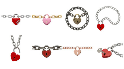 Heart padlock set including combination, keyhole, open, closed, and vintage styles isolated. Romance, security, and love concept collection.