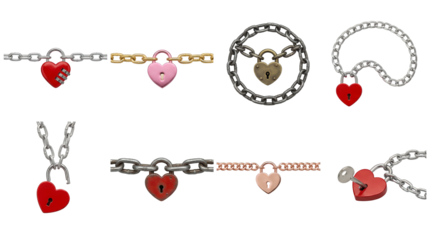 Heart padlock set including combination, keyhole, open, closed, and vintage styles isolated. Romance, security, and love concept collection.