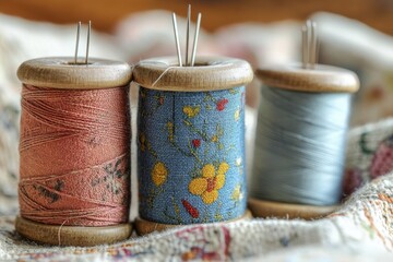 Crafters arrange colorful spools of thread with sewing needles for upcoming projects on a textured fabric background in a cozy workspace