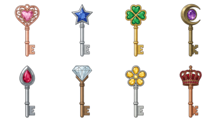 Fantasy magic key set including heart, star, clover, moon, teardrop, diamond, flower, and crown designs. Jewelry and game asset collection.